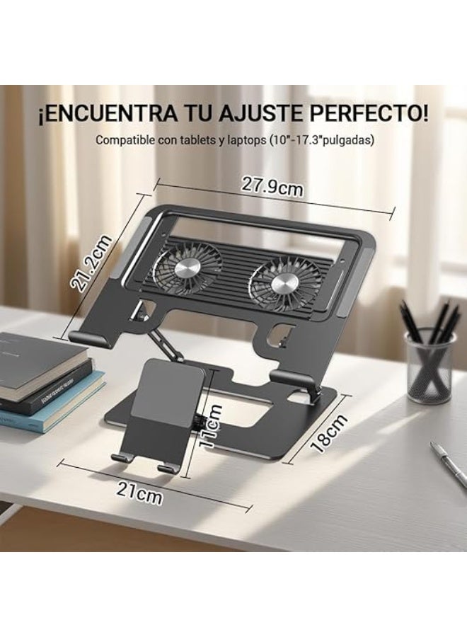 حامل لابتوب مع مروحتين تبريد – قابل للطي والضبط مع حامل هاتف – دوران 180 درجة للاستخدام اليوميحامل لابتوب مع مروحتين تبريد – قابل للطي والضبط مع حامل هاتف – دوران 180 درجة للاستخدام اليومي - Image 5