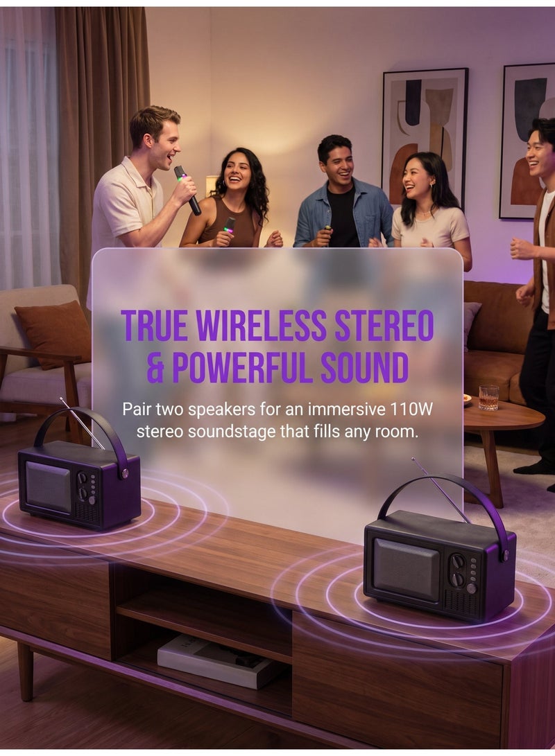 lanthour 8-Band FM Radio, Bluetooth Speaker, 110W Peak Dual Speakers with Big Volume, 2400mAh Long Battery Life, TWS Wireless Pairing, 1.7kg Retro Portable Model - Image 4