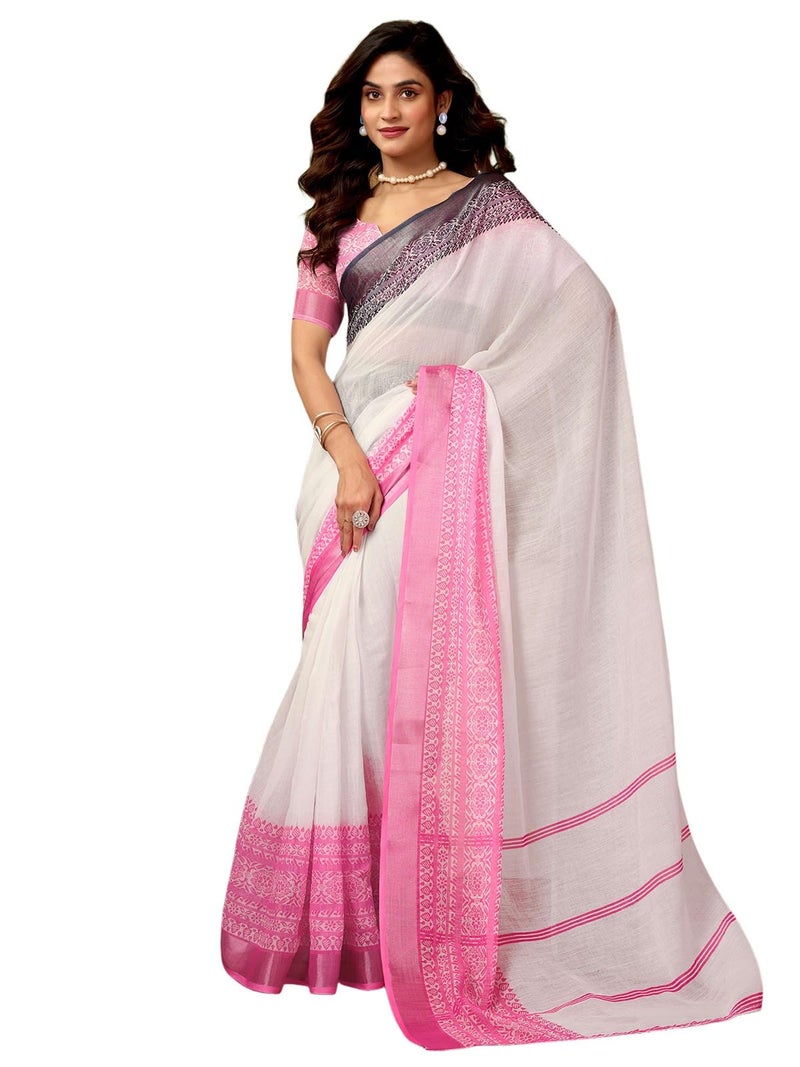 Satrani Women's Linen Zari Border Printed Ready To Wear One Minute Pre Pleated Readymade Saree with Unstitched Blouse Piece (34RS322N_White) - Image 1