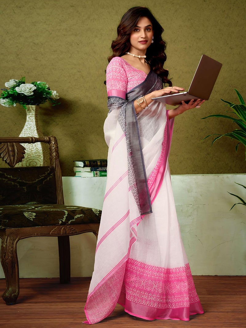 Satrani Women's Linen Zari Border Printed Ready To Wear One Minute Pre Pleated Readymade Saree with Unstitched Blouse Piece (34RS322N_White) - Image 3