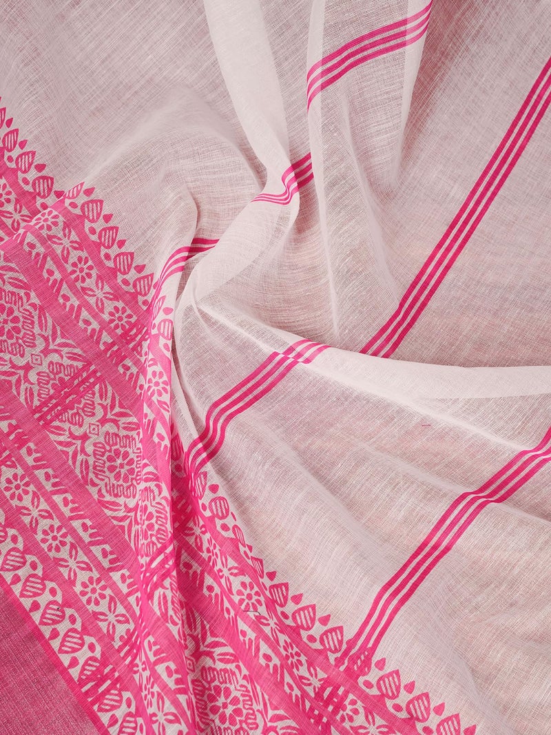 Satrani Women's Linen Zari Border Printed Ready To Wear One Minute Pre Pleated Readymade Saree with Unstitched Blouse Piece (34RS322N_White) - Image 5
