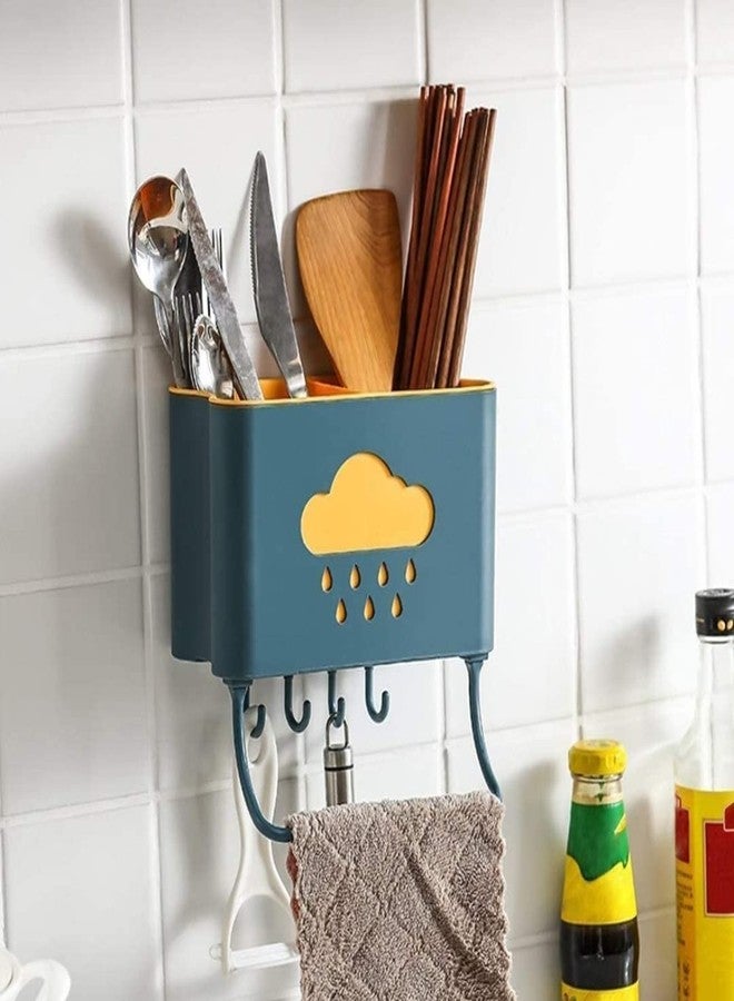 MSA Cloud Series Wall Mounted Cutlery Holder with Towel Bar & 4 Hooks | Self-Adhesive Kitchen Organizer | Multipurpose Spoon & Utensil Holder (Multicolour) - Image 1