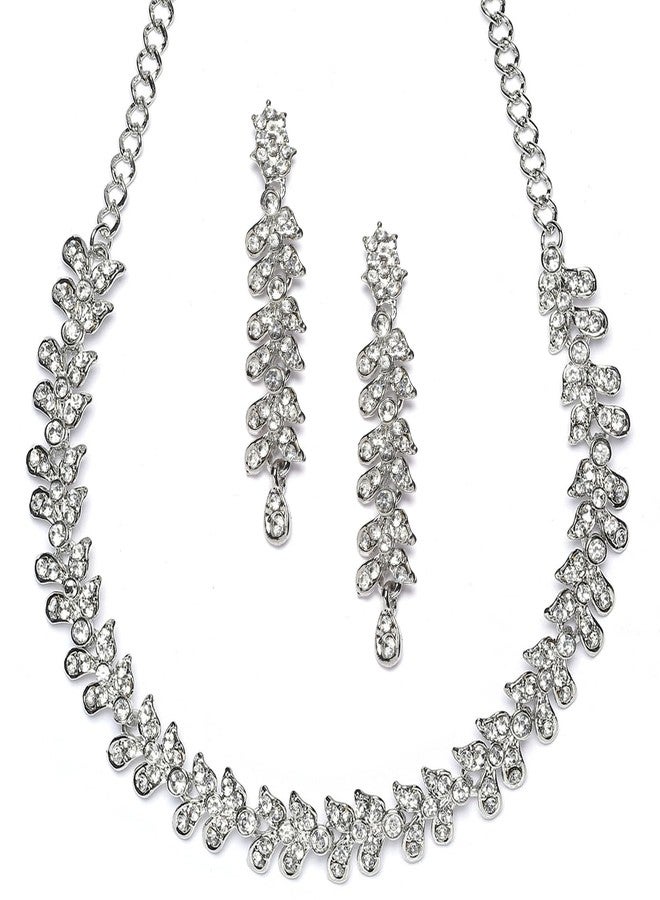 KENNICE Rhodium-Plated Cubic Zirconia Studded Leafy Shaped Necklace With Earrings Jewellery Set For Girls and Women - Image 1