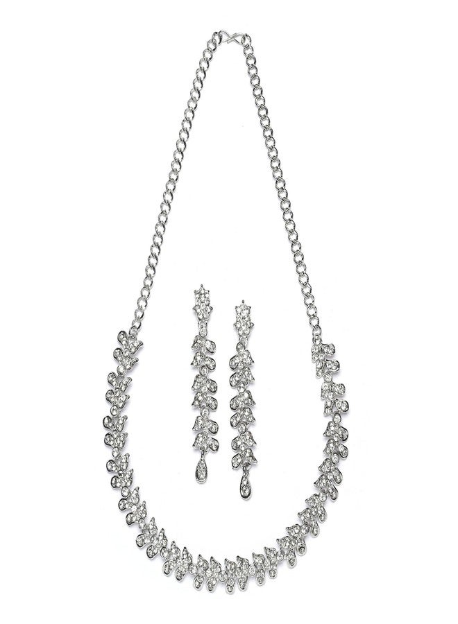 KENNICE Rhodium-Plated Cubic Zirconia Studded Leafy Shaped Necklace With Earrings Jewellery Set For Girls and Women - Image 2