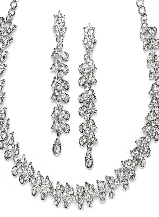 KENNICE Rhodium-Plated Cubic Zirconia Studded Leafy Shaped Necklace With Earrings Jewellery Set For Girls and Women - Image 3
