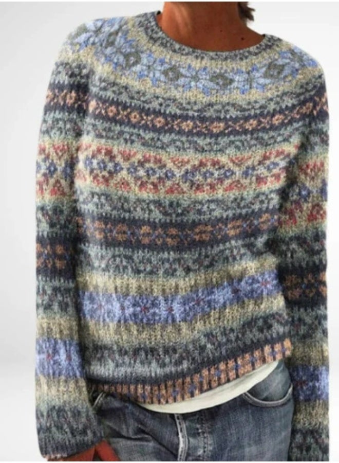 general Womens Fall Vintage Fair Isle Sweater Casual Loose Long Sleeve Crewneck Knitted Pullover Sweater Tops - Image 1