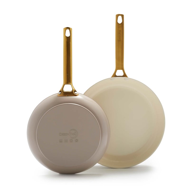 GreenPan Reserve Hard Anodized Healthy Ceramic Nonstick 10 and 12 Frying Pan Skillet Set Gold Handle PFASFree Dishwasher Safe Oven Safe Taupe