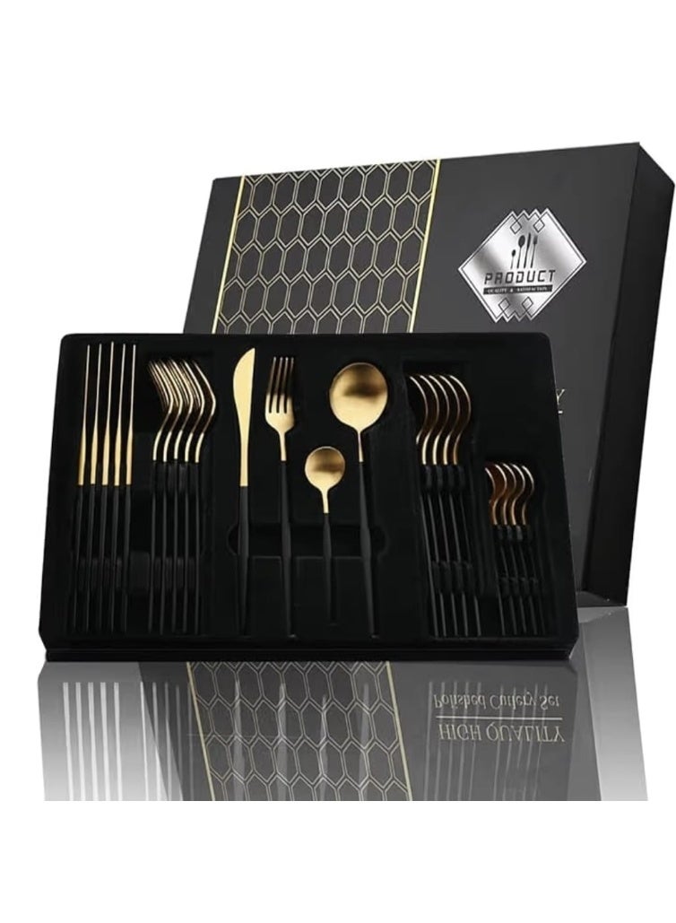 24-piece stainless steel tableware set, gold color, luxury box - Image 1