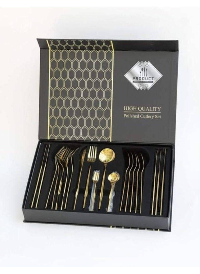 24-piece stainless steel tableware set, gold color, luxury box - Image 2
