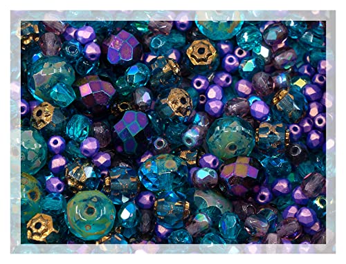 088oz of Blue Purple Mix of Czech Faceted Fire Polished Beads Round Catherdal Rondelle