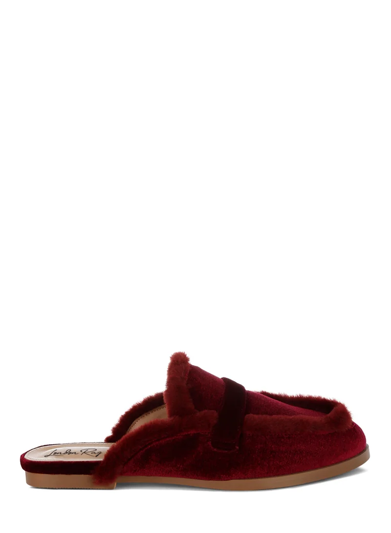 London Rag Fur Detail Velvet Slip-On Mules in Burgundy