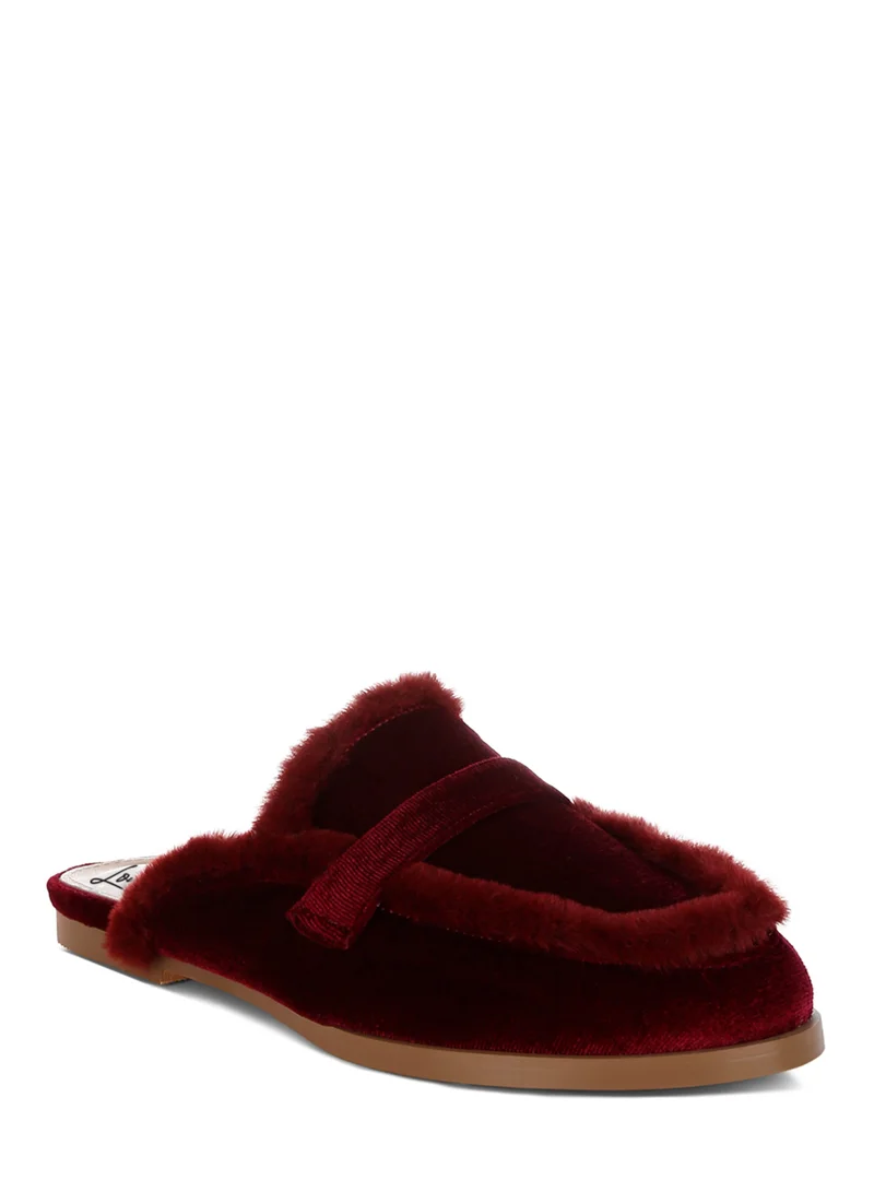 London Rag Fur Detail Velvet Slip-On Mules in Burgundy