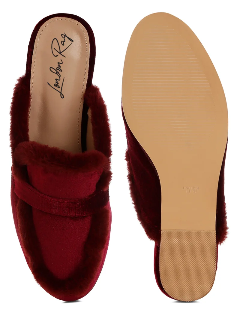 London Rag Fur Detail Velvet Slip-On Mules in Burgundy