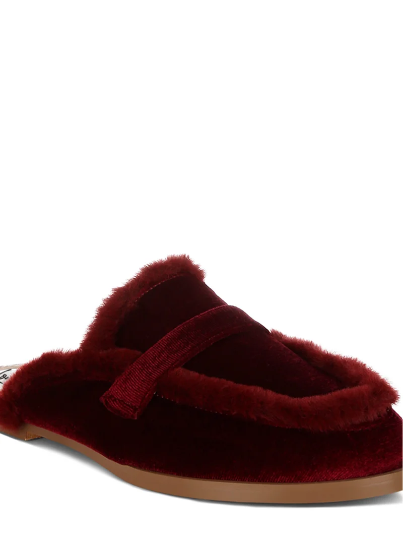 London Rag Fur Detail Velvet Slip-On Mules in Burgundy