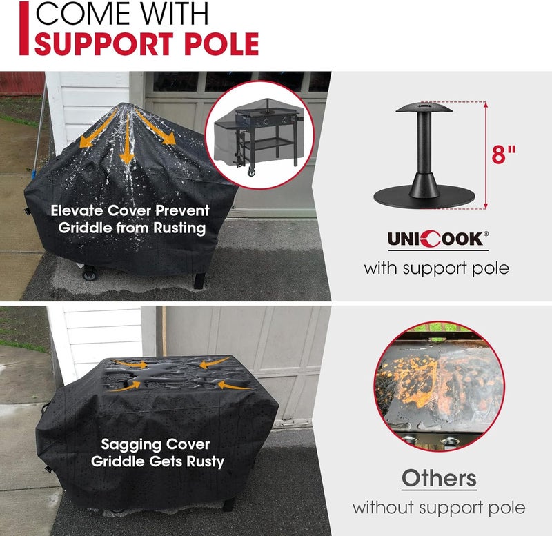 Unicook 28 inch Griddle Cover, Compatible for Blackstone, Nexgrill Griddle, Flat Top Grill Cover with Sealed Seam, Heavy Duty Waterproof Cooking Station Gas Grill Cover, Includes Support Pole, Black - Image 5