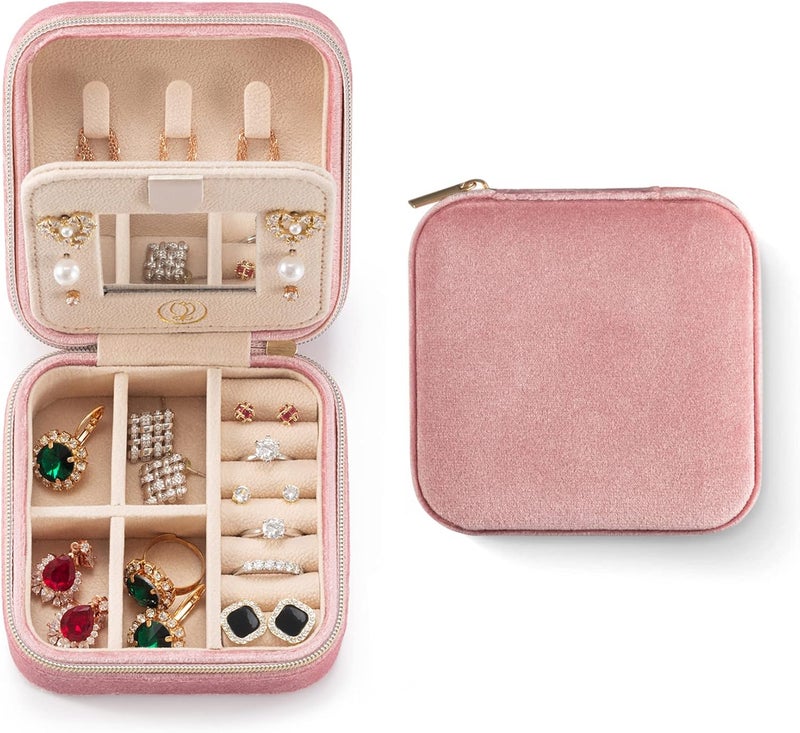 ZPROW Plush Velvet Travel Jewelry Case, Travel Jewelry Organizer, Jewelry Travel Case, Travel Jewelry Box, Small Jewelry Case for Women, Jewelry Travel Box, Earring Organizer with Mirror - Pink - Image 1