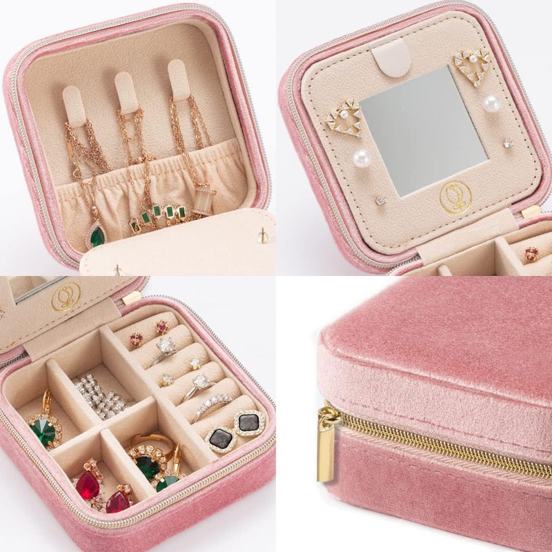ZPROW Plush Velvet Travel Jewelry Case, Travel Jewelry Organizer, Jewelry Travel Case, Travel Jewelry Box, Small Jewelry Case for Women, Jewelry Travel Box, Earring Organizer with Mirror - Pink - Image 3