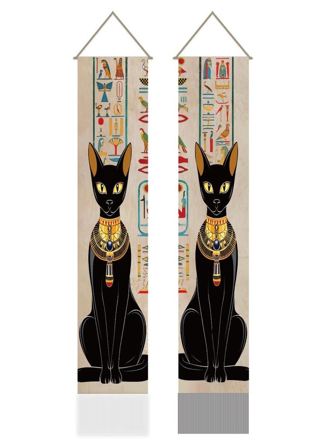 AHANDMAKER Pack of 2 Ancient Egyptian Style Tapestries,Black Cat & Hieroglyphs Vertical Long Tapestry, Mythology Doorway Curtain Tassel Wall Hanging for Bedroom Living Room, 13 x 51 Inch - Image 1