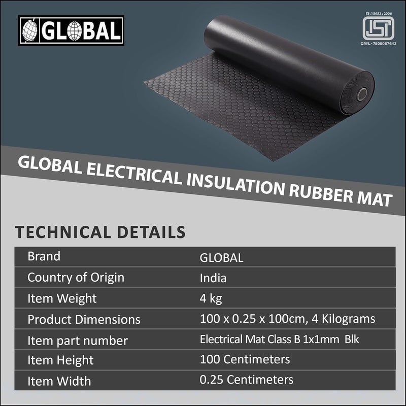 GLOBAL PREMIUM GLOBAL PREMIUM Electrical Insulation Rubber Mat 11KV Class B1x1 Meter 25mm Thickness Black AntiSkid Multipurpose Shock Proof Mat ISI Certified  - Image 5