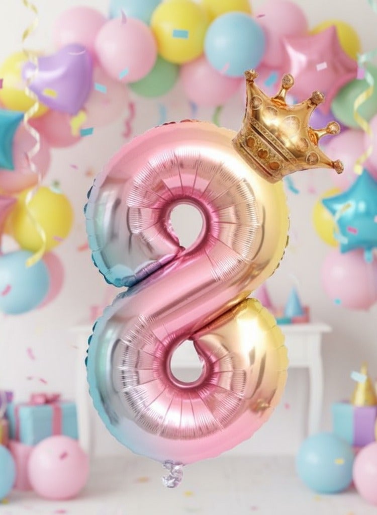 ​​Pastel Number Balloons, 32 Inch Giant Helium Foil Gradient Number 0-9 for Girls,Crown-Shaped Self Inflating Birthday Balloon for Women Anniversary Baby Shower Princess Party Decorations Supplies - Image 2