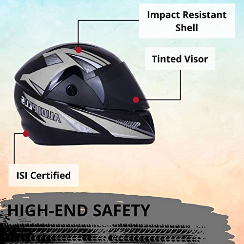 Sage Square Plus Full Face Graphic Helmet | ISI Certified | Tinted Visor | High Standard Safety | Enhanced Design | Extra Comfort (Large, Black Glossy (Silver)) - Image 4