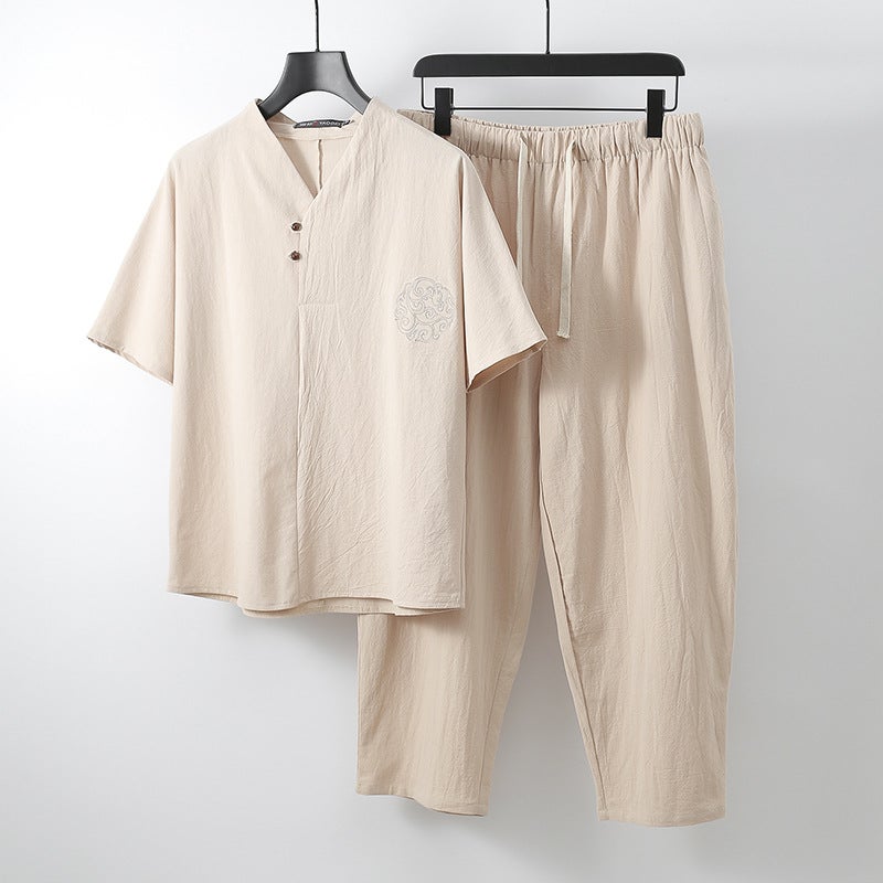 Men's Linen V-Neck Short Sleeve T-Shirt and Shorts Two-Piece Set Casual Loose Fit Summer Sportswear - Image 4