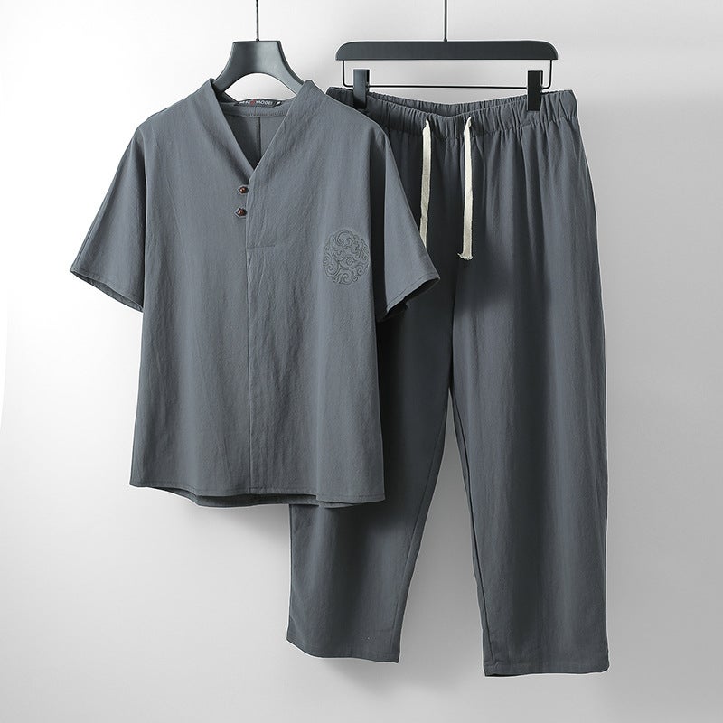 Men's Linen V-Neck Short Sleeve T-Shirt and Shorts Two-Piece Set Casual Loose Fit Summer Sportswear - Image 2