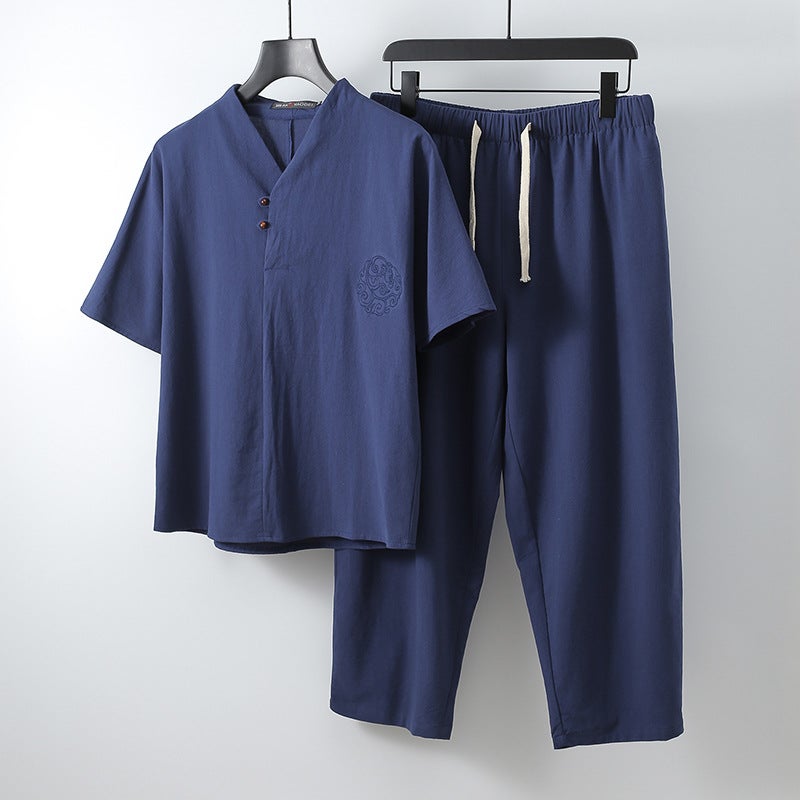 Men's Linen V-Neck Short Sleeve T-Shirt and Shorts Two-Piece Set Casual Loose Fit Summer Sportswear - Image 3