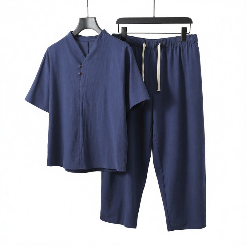 Men's Linen V-Neck Short Sleeve T-Shirt and Shorts Two-Piece Set Casual Loose Fit Summer Sportswear - Image 1