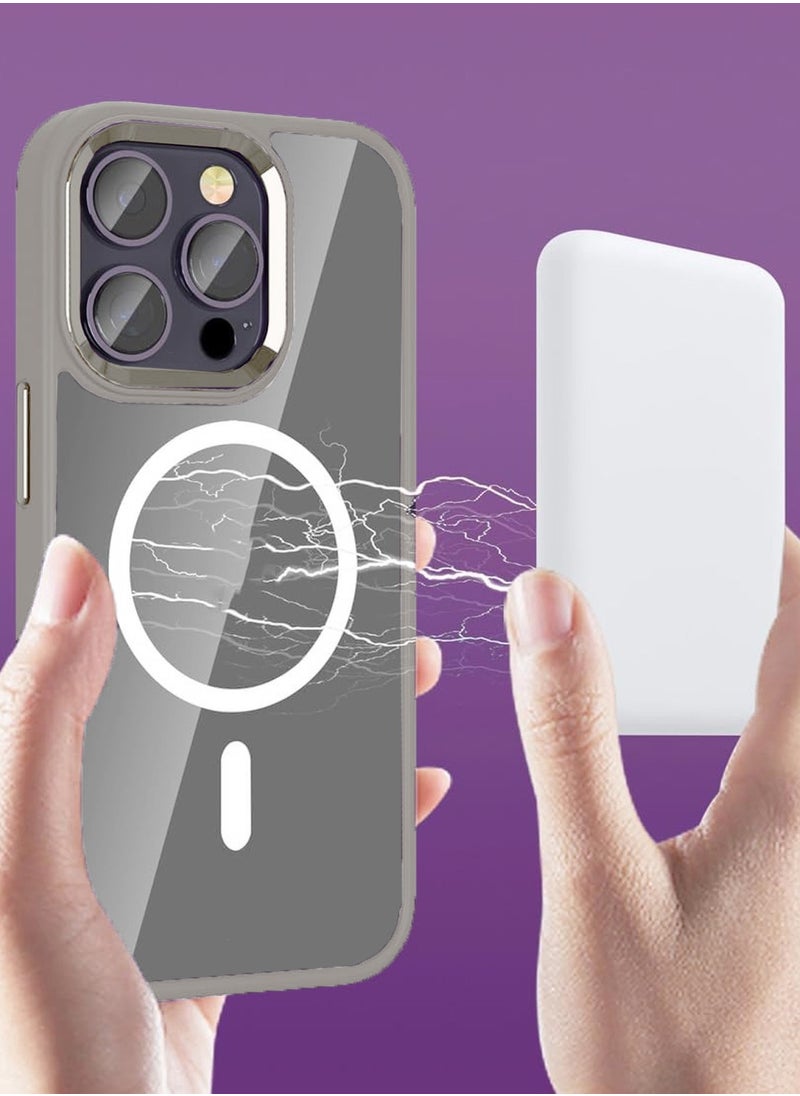 Hybrid Silicone With Translucent Hard Back Protective Plating Lens Magsafe Case Cover For Apple iPhone 15 Pro 2023 Grey