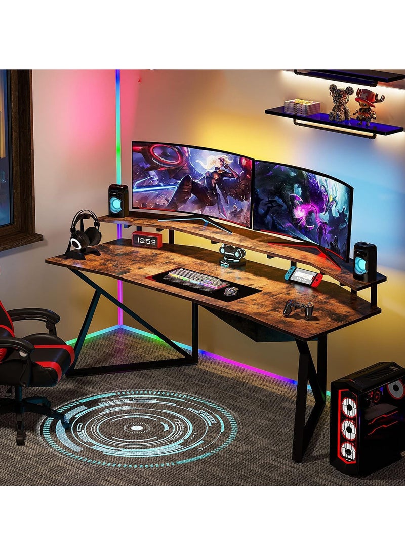 NOAEOU - 180cm Large Wing-Shaped Gaming Desk with Monitor Stand, Ergonomic Home Office Computer Desk for Streaming and Gaming, Heavy Duty Study Table, Brown - Image 1
