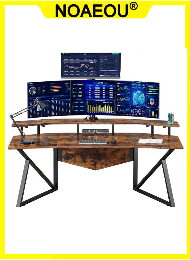 NOAEOU - 180cm Large Wing-Shaped Gaming Desk with Monitor Stand, Ergonomic Home Office Computer Desk for Streaming and Gaming, Heavy Duty Study Table, Brown - Image 1