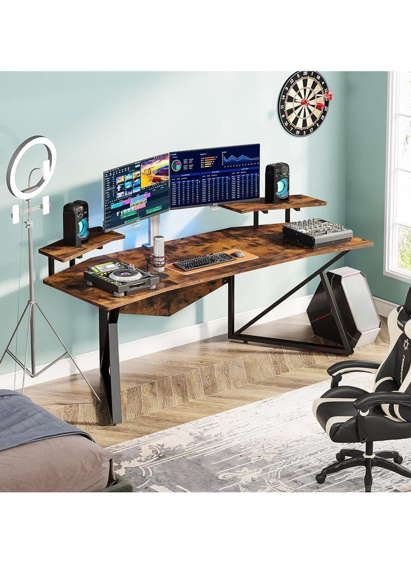 NOAEOU - 180cm Large Wing-Shaped Gaming Desk with Monitor Stand, Ergonomic Home Office Computer Desk for Streaming and Gaming, Heavy Duty Study Table, Brown - Image 1