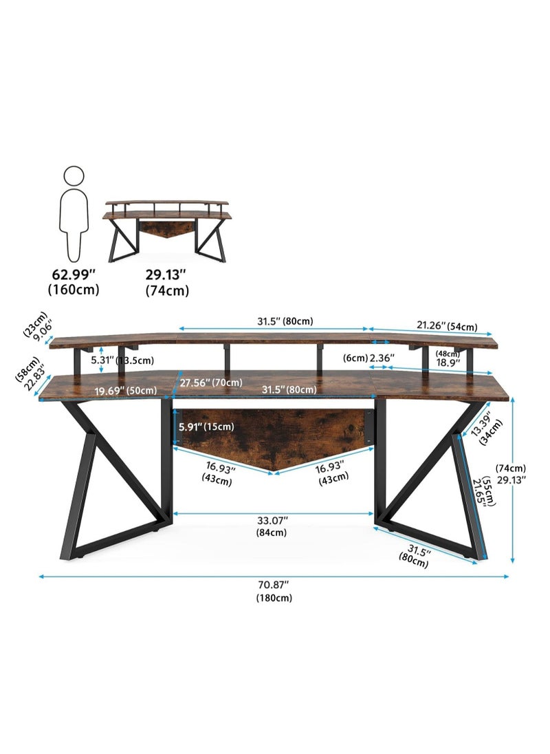 NOAEOU - 180cm Large Wing-Shaped Gaming Desk with Monitor Stand, Ergonomic Home Office Computer Desk for Streaming and Gaming, Heavy Duty Study Table, Brown - Image 1