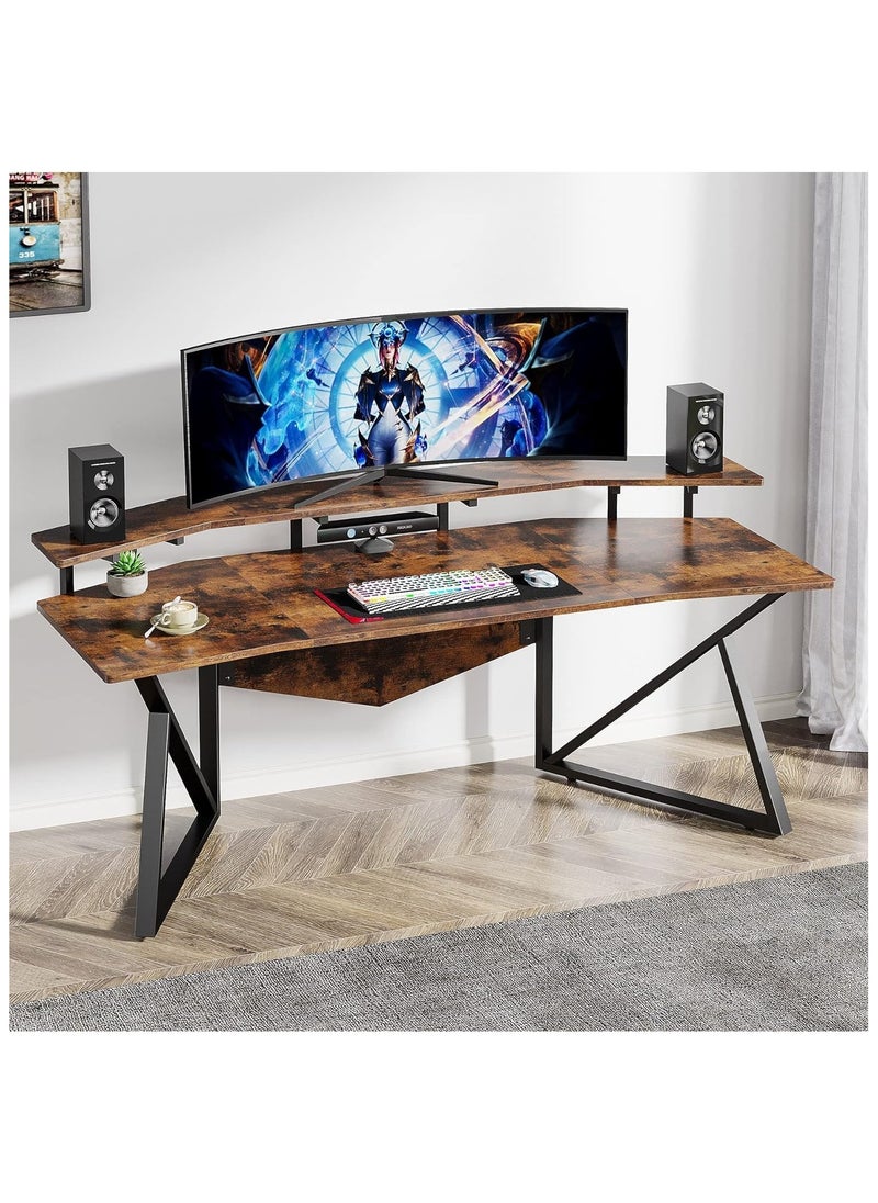 NOAEOU - 180cm Large Wing-Shaped Gaming Desk with Monitor Stand, Ergonomic Home Office Computer Desk for Streaming and Gaming, Heavy Duty Study Table, Brown - Image 1