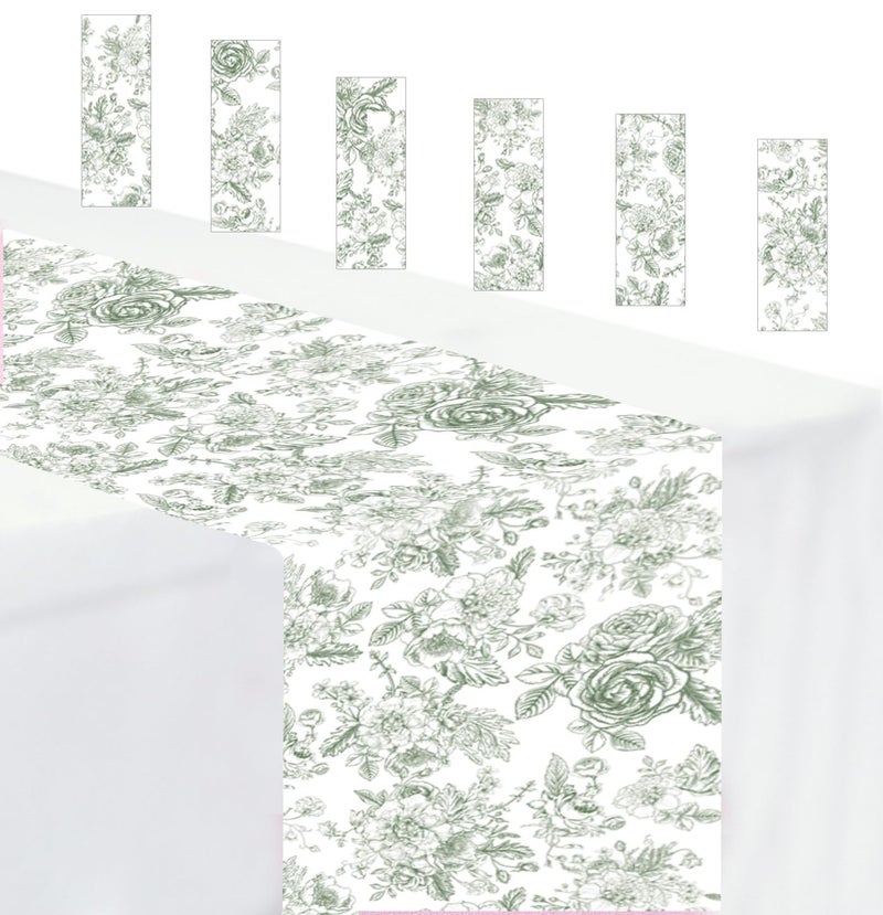 MUNILAIL 6 PCS Sage Green Floral Table Runner 14 x 108 Plastic Flower Table Runner for Party Birthday Baby Shower Bridal Shower Wedding Disposable Table Runners - Image 1