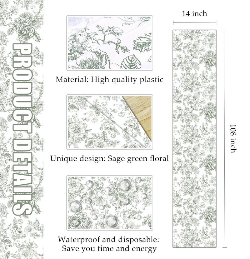MUNILAIL 6 PCS Sage Green Floral Table Runner 14 x 108 Plastic Flower Table Runner for Party Birthday Baby Shower Bridal Shower Wedding Disposable Table Runners - Image 3
