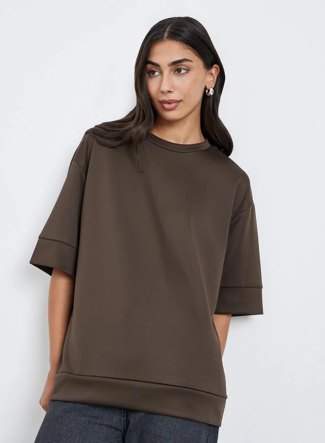 Styli Brown Oversized Round Neck T-Shirt