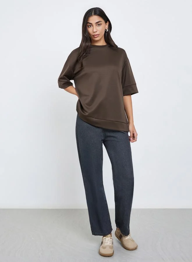Styli Brown Oversized Round Neck T-Shirt