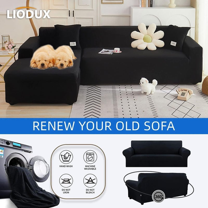 LIODUX غطاء أريكة مخملي من مع غطاء وسادة واحد، غطاء أريكة مطاطي مانع للانزلاق، مناسب لأريكة 1/2/3/4 مقاعد أو على شكل حرف L، واقي أثاث للكلاب والحيوانات الأليفة والأطفال (أسود، 3 مقاعد) - Image 4