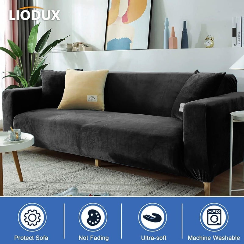 LIODUX غطاء أريكة مخملي من مع غطاء وسادة واحد، غطاء أريكة مطاطي مانع للانزلاق، مناسب لأريكة 1/2/3/4 مقاعد أو على شكل حرف L، واقي أثاث للكلاب والحيوانات الأليفة والأطفال (أسود، 3 مقاعد) - Image 2