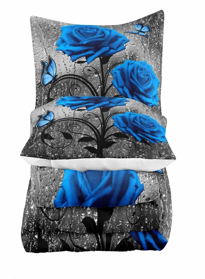 LUVIVIHOME 3PCS Royal Blue Rose Comforter Set King Size, Grey Raindrops Butterfly Floral Bedding, Flower Bedroom Decor for Women Wife Girlfriend, Valentine's Day Romantic Gifts for Her, 2 Pillow Shams - Image 4