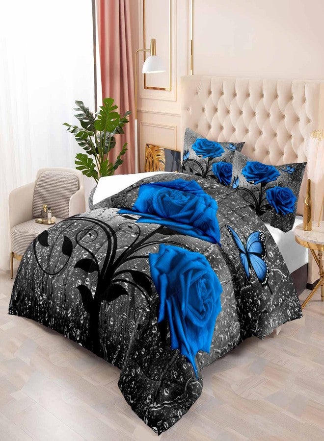 LUVIVIHOME 3PCS Royal Blue Rose Comforter Set King Size, Grey Raindrops Butterfly Floral Bedding, Flower Bedroom Decor for Women Wife Girlfriend, Valentine's Day Romantic Gifts for Her, 2 Pillow Shams - Image 3