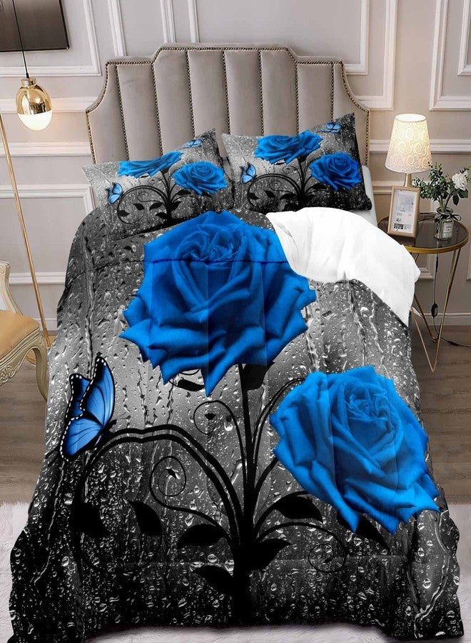 LUVIVIHOME 3PCS Royal Blue Rose Comforter Set King Size, Grey Raindrops Butterfly Floral Bedding, Flower Bedroom Decor for Women Wife Girlfriend, Valentine's Day Romantic Gifts for Her, 2 Pillow Shams - Image 1