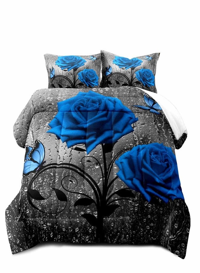 LUVIVIHOME 3PCS Royal Blue Rose Comforter Set King Size, Grey Raindrops Butterfly Floral Bedding, Flower Bedroom Decor for Women Wife Girlfriend, Valentine's Day Romantic Gifts for Her, 2 Pillow Shams - Image 2