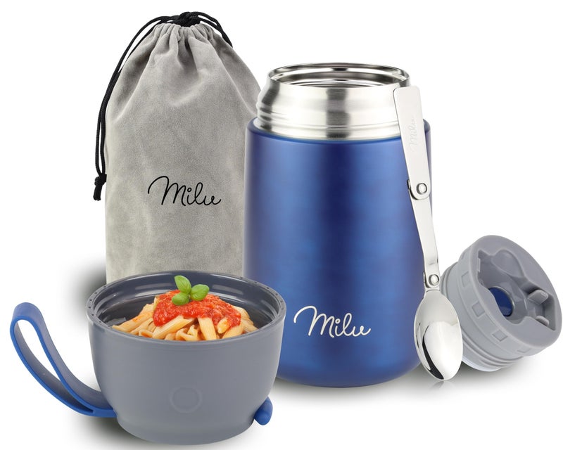 Milu Food Flask for Hot Food  650ml Leakproof Insulated Stainless Steel Thermal Lunch Box Soup Container with Spoon BPAFree To go Meal Prep Porridge Navyblue 650ml