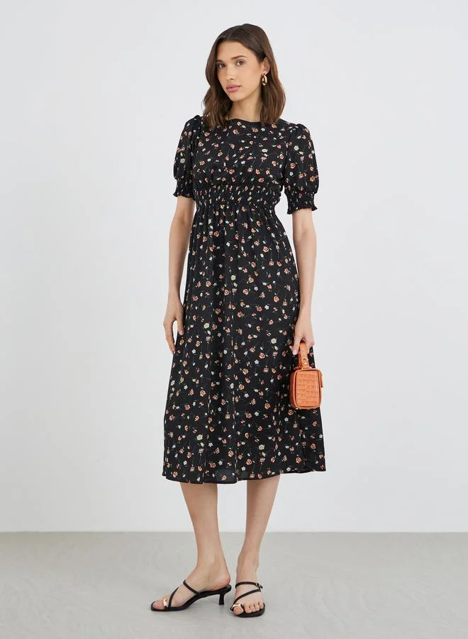 Take Two Take Two Women Black Floral Print A-Line Midi Dress