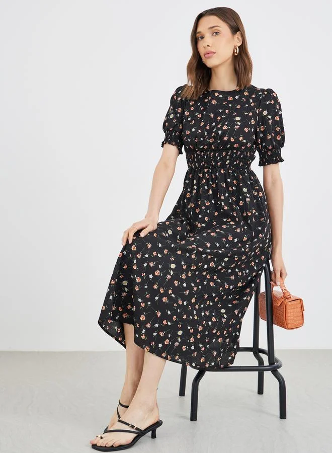 Take Two Take Two Women Black Floral Print A-Line Midi Dress