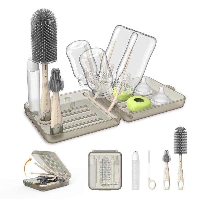 VOGOGE Travel Bottle Brush, Travel Bottle Cleaner Kit with Bottle Drying Rack, Transparent Coffee - Image 1