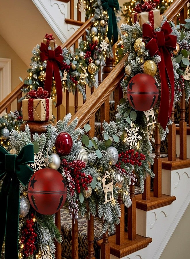 Civaner 8 Inch Large Christmas Jingle Bells Rustic Xmas Giant Hanging Sleigh Bells with Coarse Rope Star Cutouts Ornaments for Vintage Christmas Fireplace Tree Garden Decoration Supplies (Burgundy) - Image 4